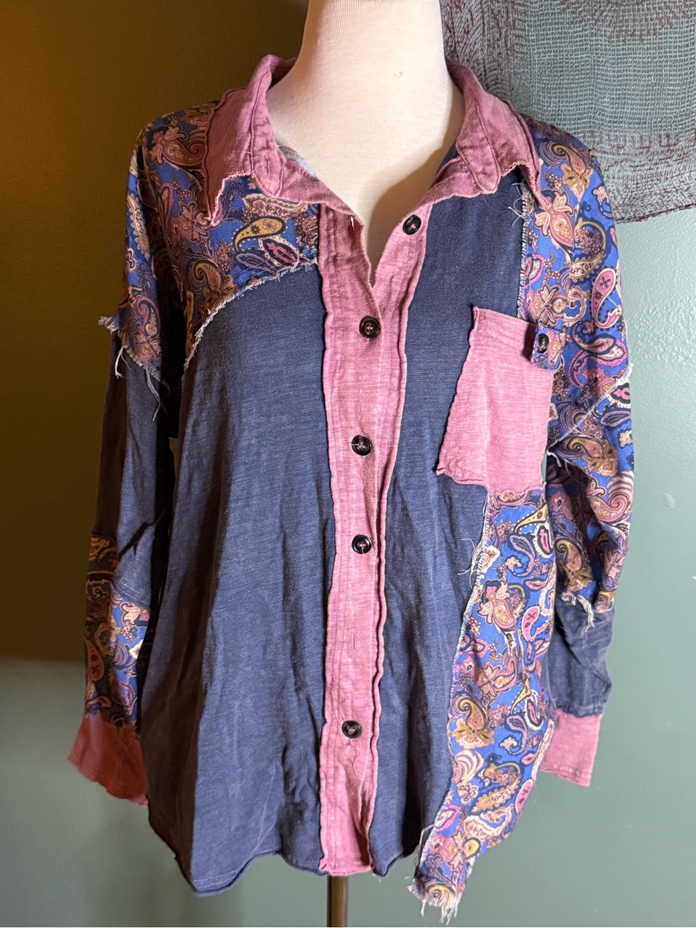 Blue Velvet Boho Patchwork Button-Down Shirt in Pink & Navy Paisley